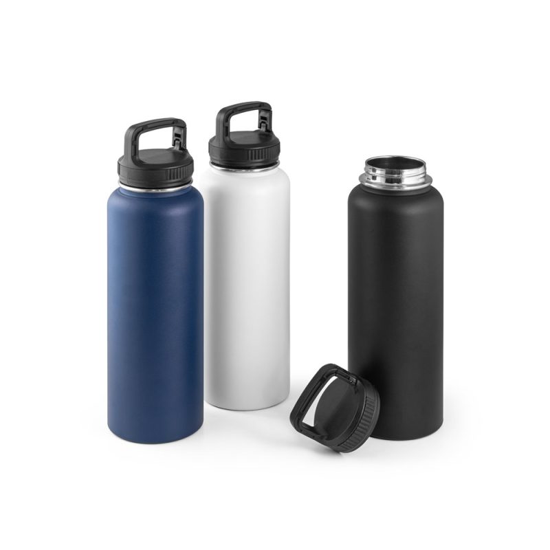 Three reusable water bottles, blue, white, black.