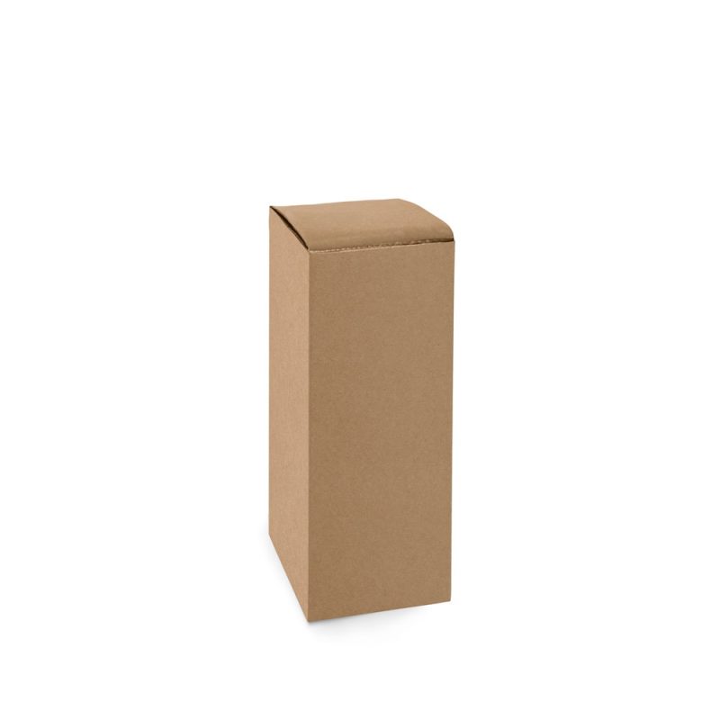 Tall brown cardboard box on white background.