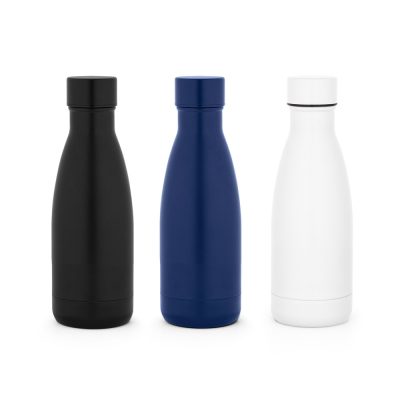 Three insulated water bottles: black, blue, white.