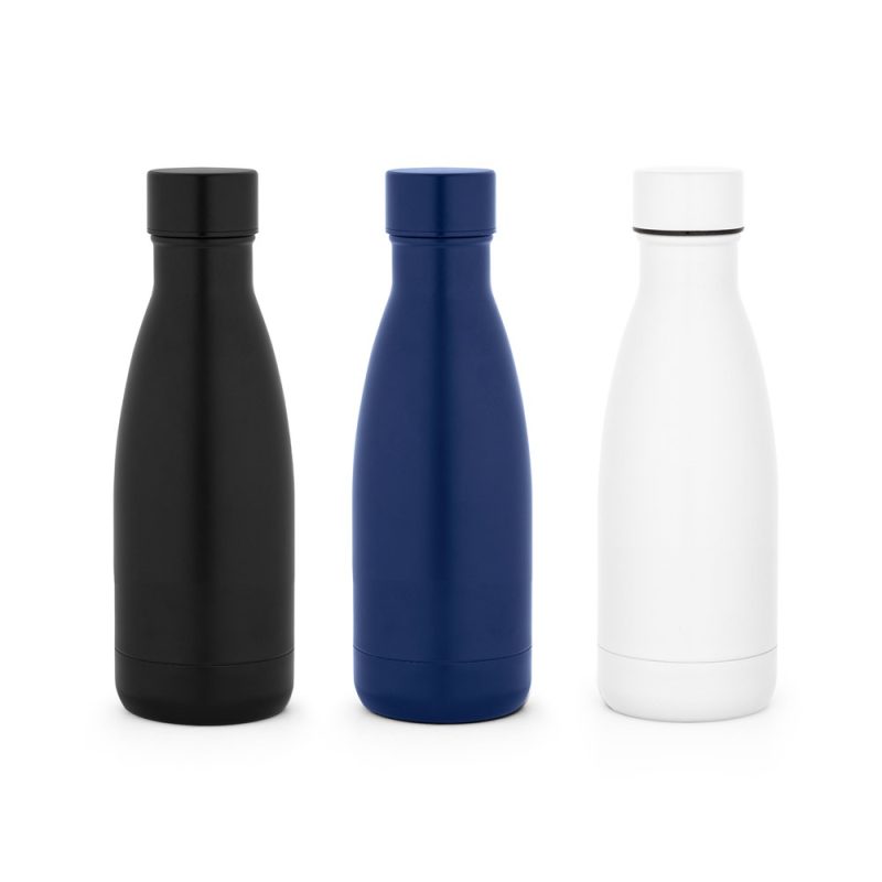 Three insulated water bottles: black, blue, white.