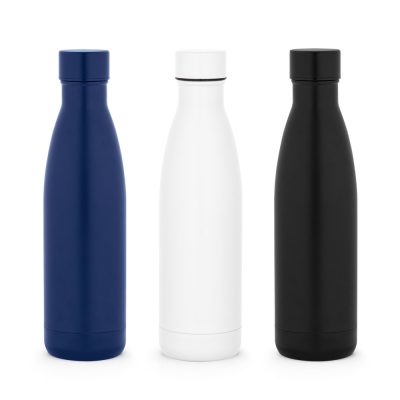 Blue, white, black insulated water bottles.