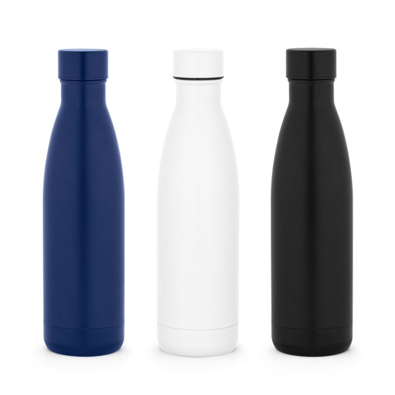 Blue, white, black insulated water bottles.