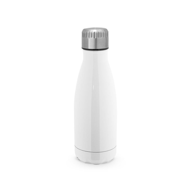 White stainless steel water bottle with silver lid.