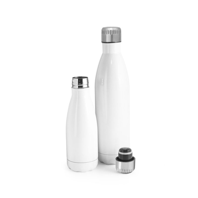 Two white reusable water bottles with lids.