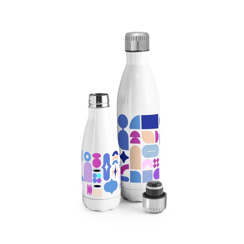 Colourful geometric-patterned reusable water bottles