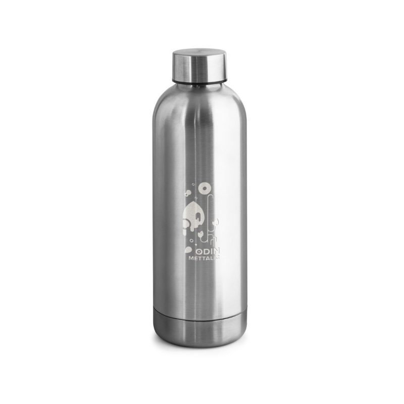 Silver metallic water bottle with minimalist design.
