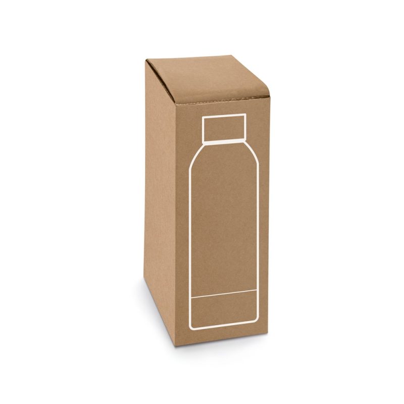 Brown cardboard box with bottle design.