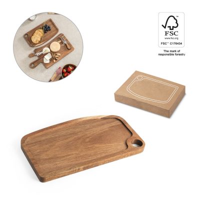 Wooden serving board with snacks and packaging