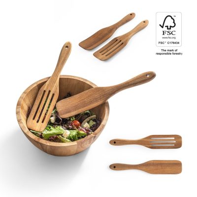Wooden salad utensils and bowl with FSC certification.