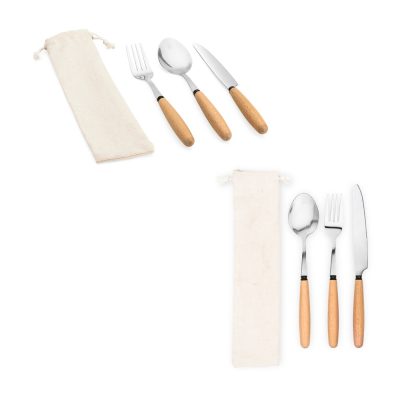 Wooden handle cutlery set with pouch.