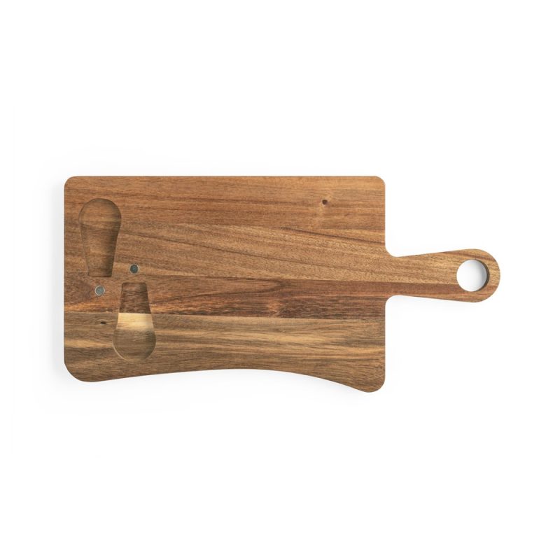 Wooden chopping board with handle and exclamation marks.