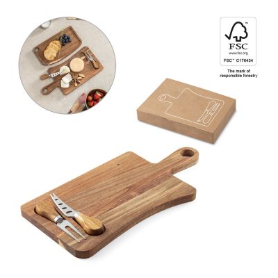 Wooden cheese board with cheese knives.