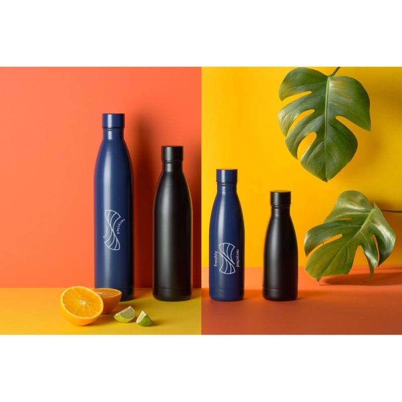 Reusable bottles with citrus and tropical leaf.