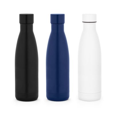 Three insulated water bottles: black, blue, white.
