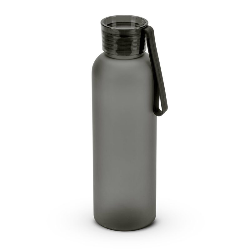 Grey reusable water bottle with black lid