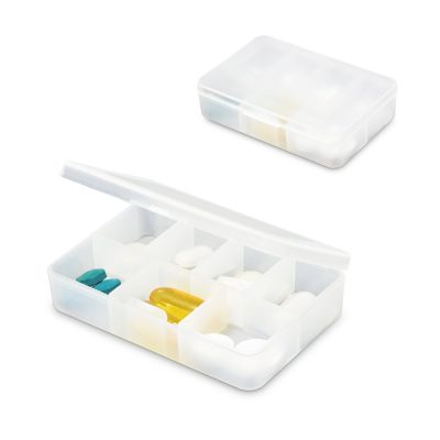 Transparent pill organiser with assorted pills inside.