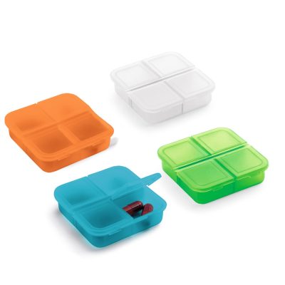 Four colourful pillboxes in different colours