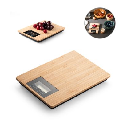 Bamboo kitchen scales with digital display.