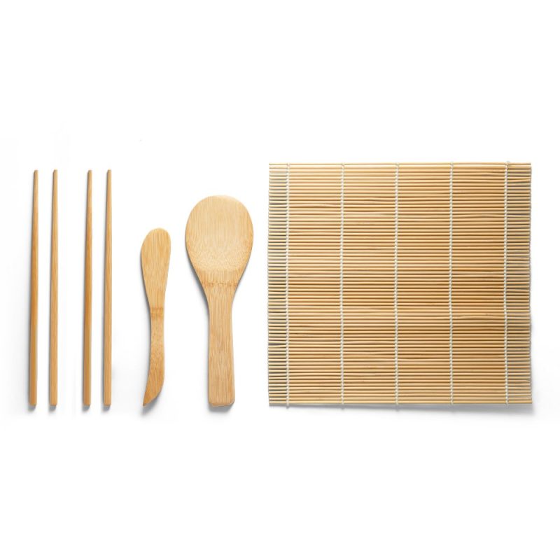 Bamboo sushi rolling mat and utensils set.