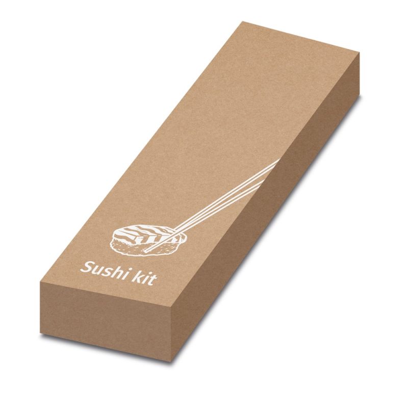 Cardboard sushi kit packaging with chopsticks illustration.