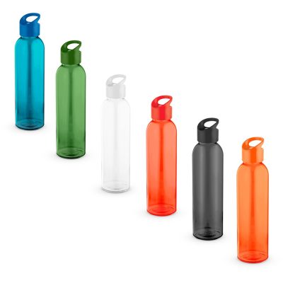 Colourful reusable water bottles, various hues.