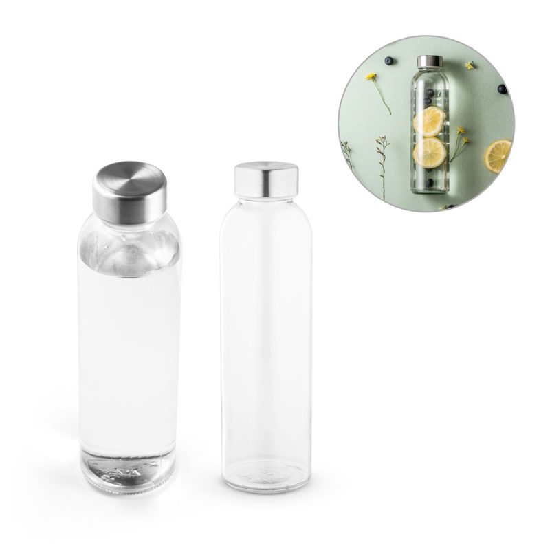 Two glass bottles, silver lids, and lemon water.