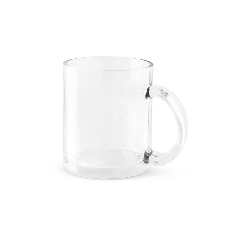 Clear glass mug on white background.