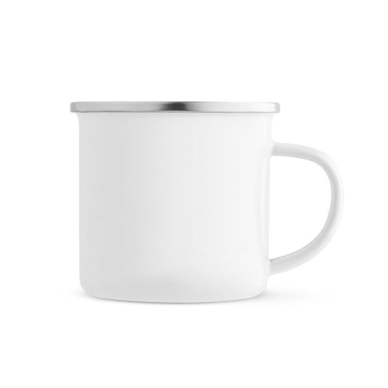 White enamel mug with silver rim