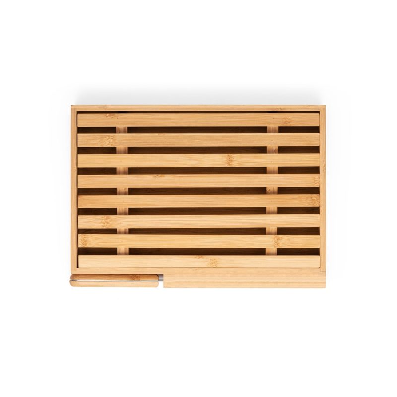 Top view of wooden slatted bread box.