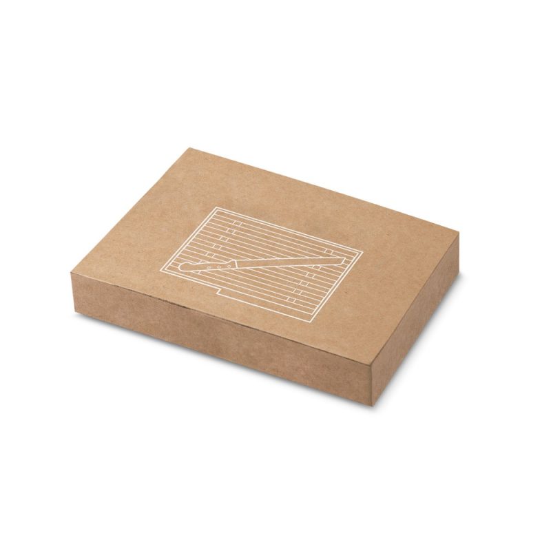 Brown box with white geometric design.