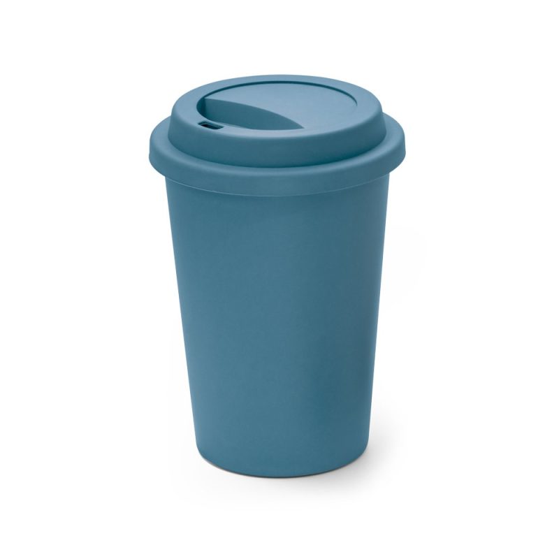 Blue reusable coffee cup with lid