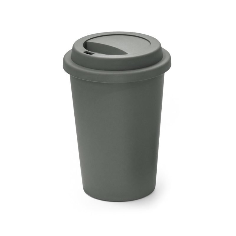 Grey reusable coffee cup with lid.