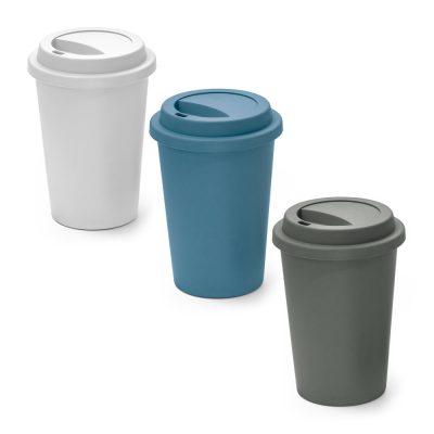 Three reusable coffee cups: white, blue, and grey.