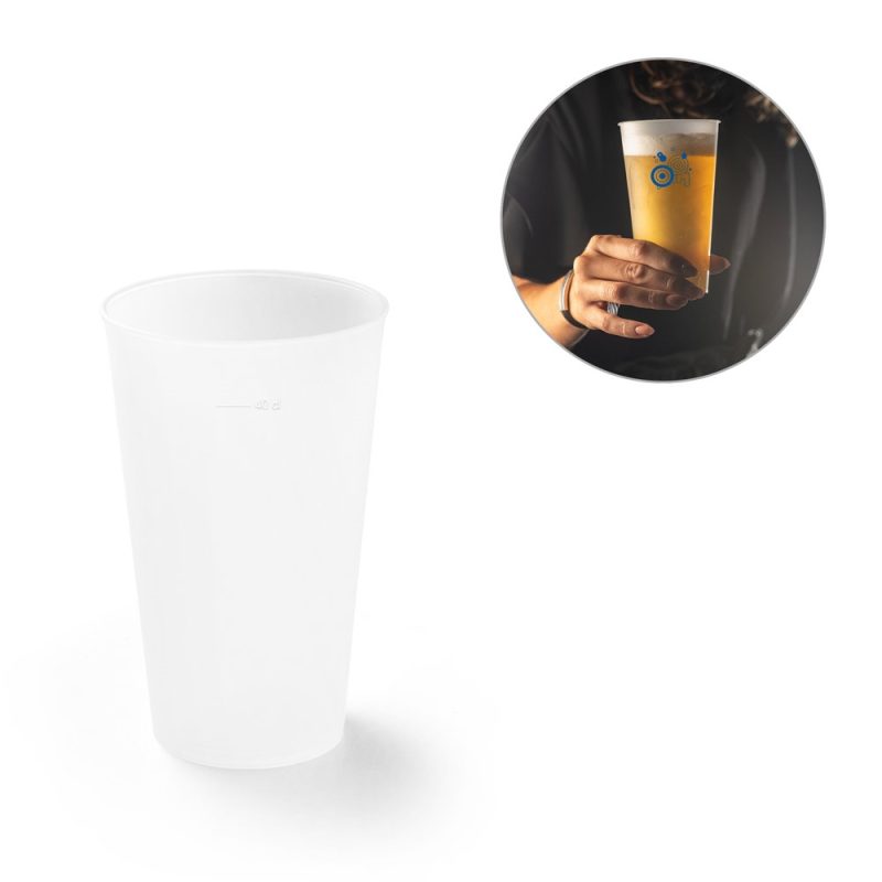 Clear plastic cup and hand holding beer