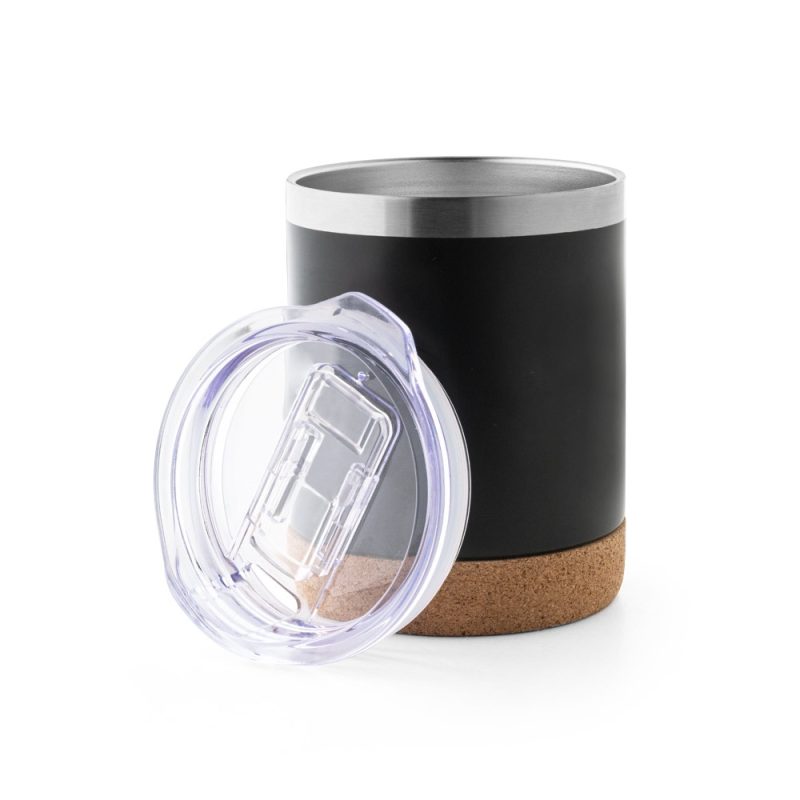 Black insulated mug with cork base and clear lid.