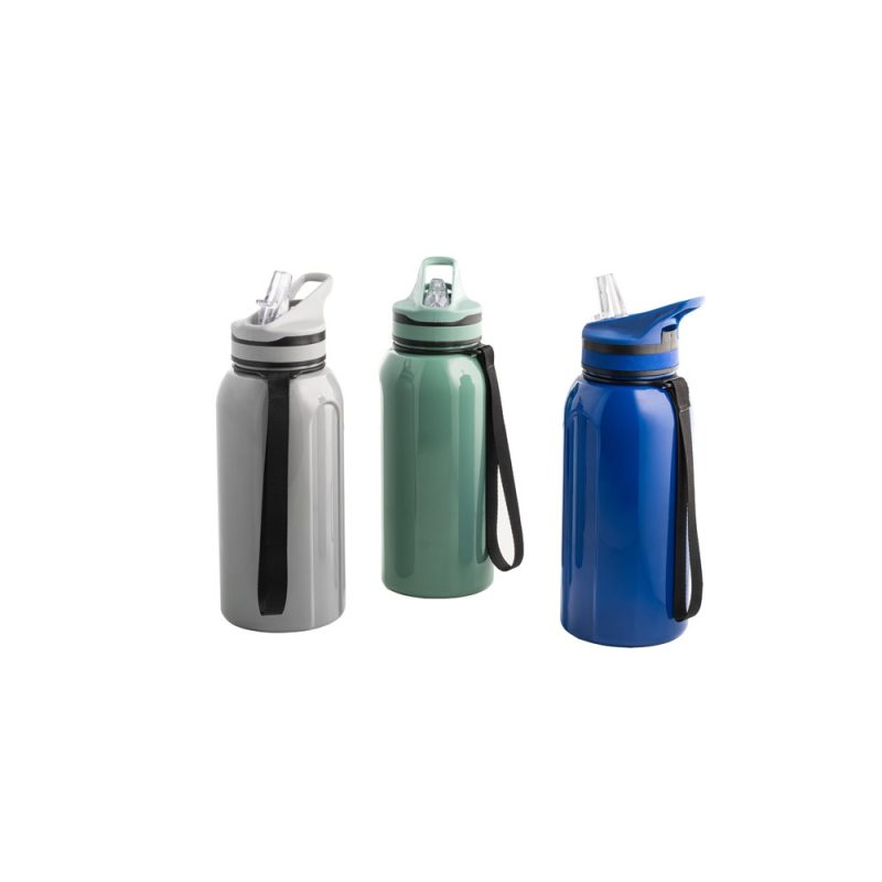 Three coloured water bottles with straps