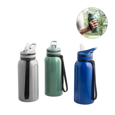 Reusable water bottles in grey, green, blue colours.