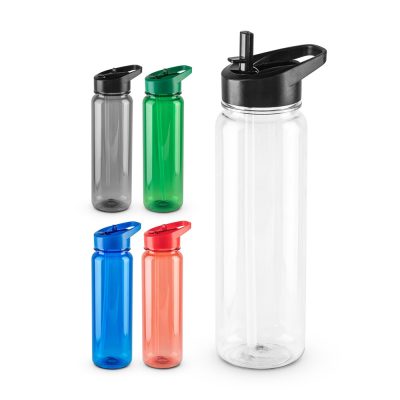 Coloured plastic water bottles with straw lids.