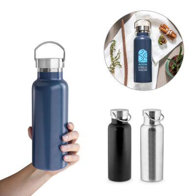 Stainless steel water bottles in various colours.