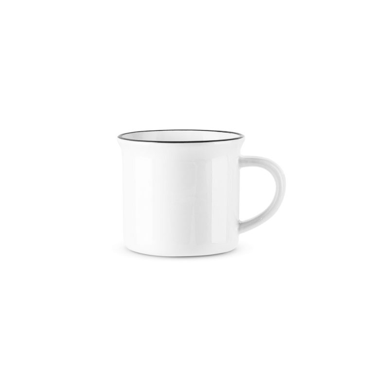 White enamel mug with black rim