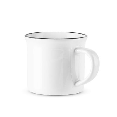 White ceramic mug with black rim.
