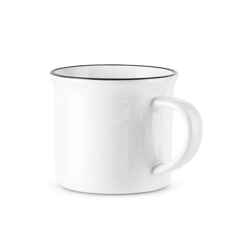 White ceramic mug with black rim.