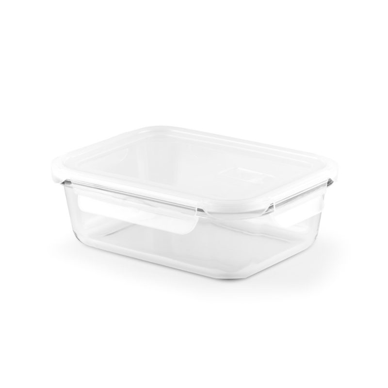 Transparent rectangular plastic storage container with lid.