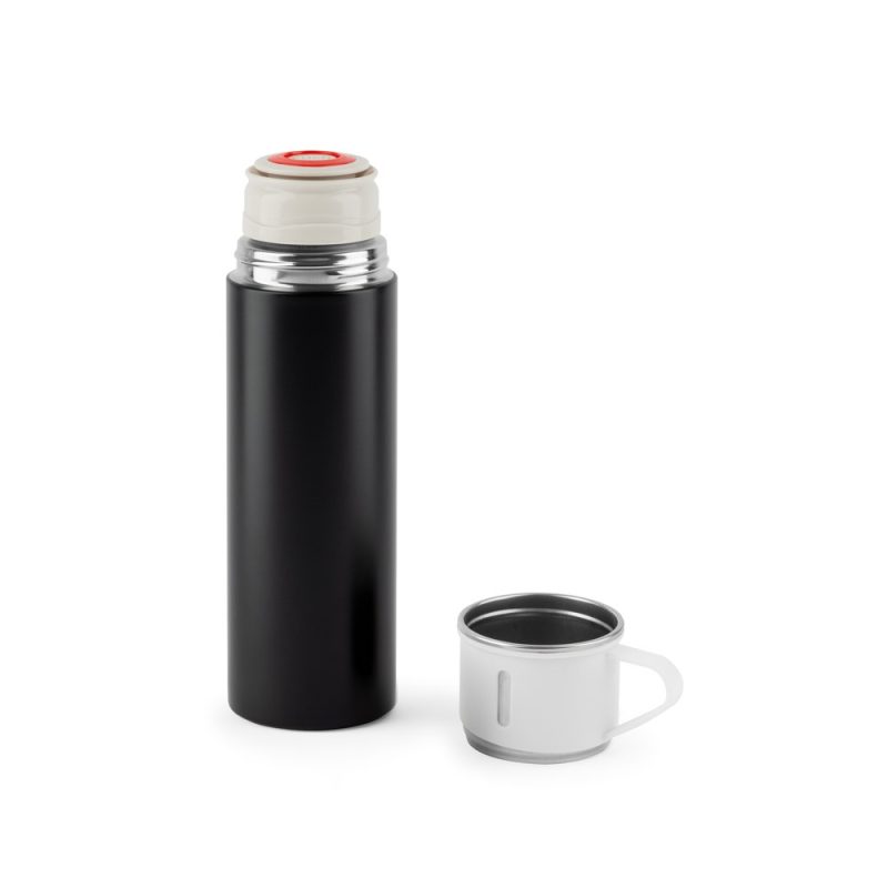 Black thermos flask with detachable cup lid.