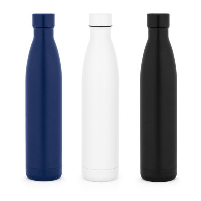 Blue, white, black reusable water bottles standing upright