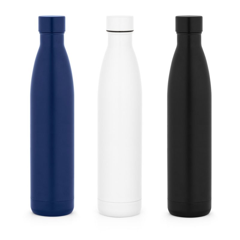 Blue, white, black reusable water bottles standing upright