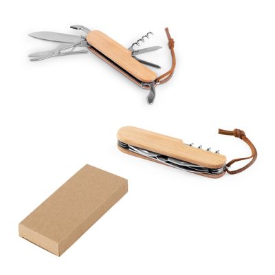Wooden multi-tool with box and leather strap