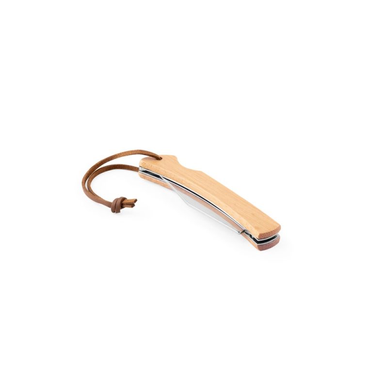 Wooden-handled folding knife with leather strap.