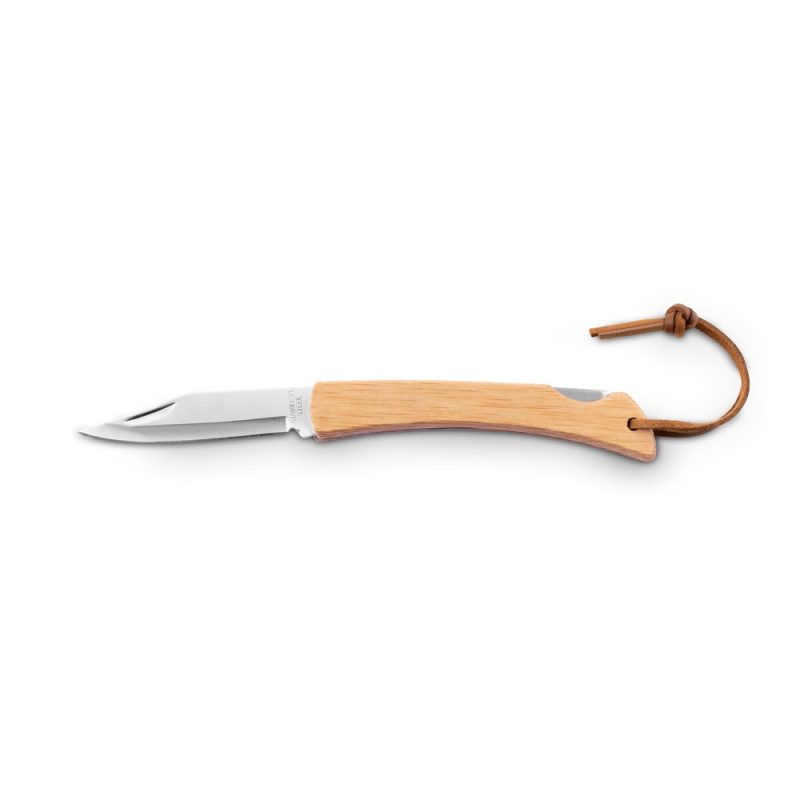 Folding knife with wooden handle and leather strap.