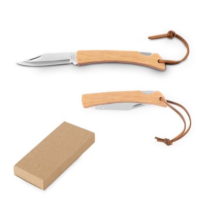 Folding knife with wooden handle and box.